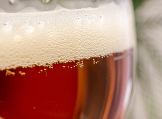 Macro view of the bubbles in the foam of glass of beer.