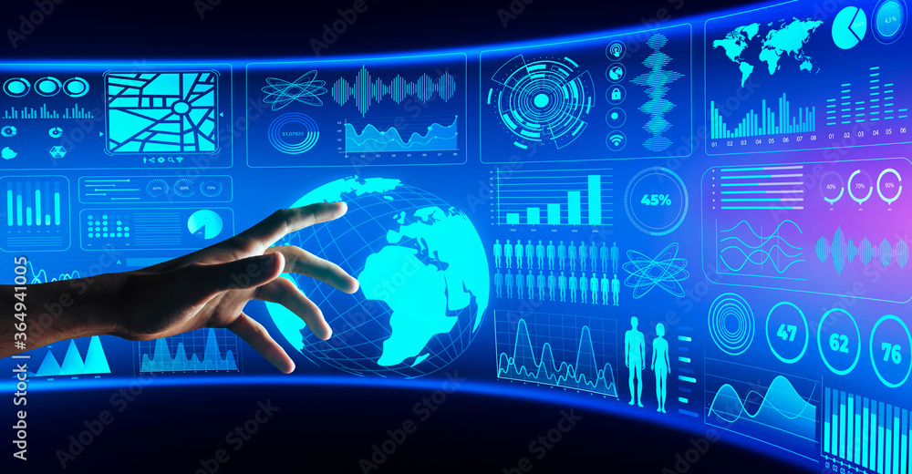 Poster Hand touching interactive board with business process