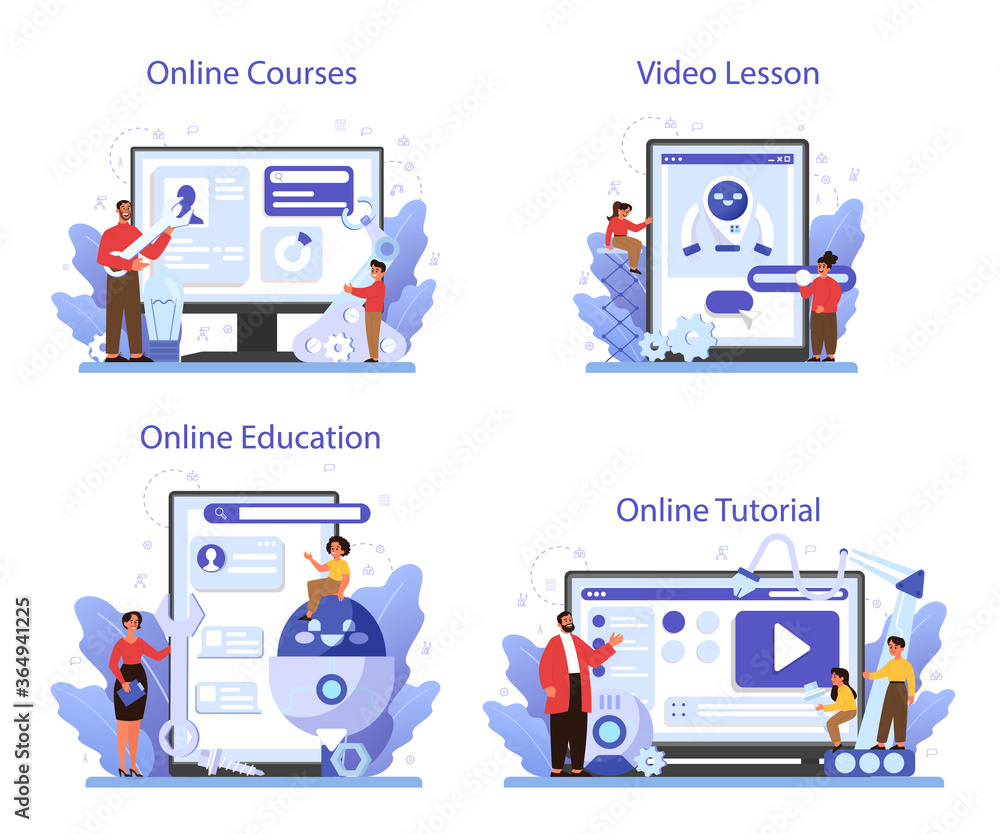 Poster robotics school subject online service or platform set. robot
