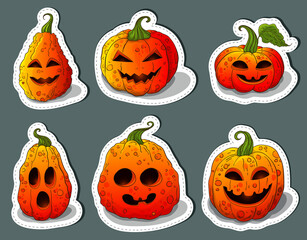 Halloween pumpkins sticker set. Jack o lantern badges collection. Halloween template pack, scrapbook images. Hand drawn jack head pumpkin, many type pumpkins faces. Pumpkin icons set.
