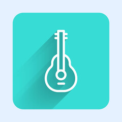 White line Mexican guitar icon isolated with long shadow. Acoustic guitar. String musical instrument. Green square button. Vector.