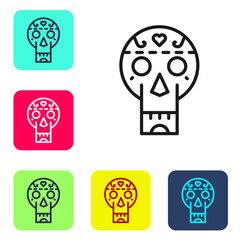 Black line Mexican skull icon isolated on white background. Set icons in color square buttons. Vector.