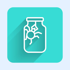 White line Spider in jar icon isolated with long shadow. Happy Halloween party. Green square button. Vector.