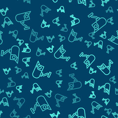Green line Security camera icon isolated seamless pattern on blue background. Vector.