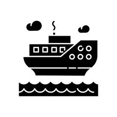 Sea cruise black glyph icon. Nautical tourism, holiday voyage, sailing silhouette symbol on white space. Luxurious journey, vacation on ocean liner. Large passenger ship vector isolated illustration