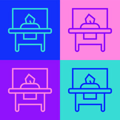 Pop art line Glass showcase for exhibit icon isolated on color background. Vector.