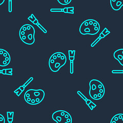Green line Paint brush with palette icon isolated seamless pattern on blue background. Vector.