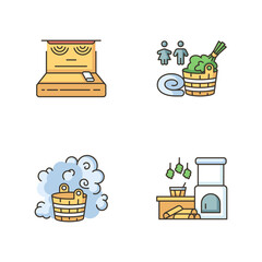 Bathhouse types RGB color icons set. Steam room, vaporarium, modern infrared sauna and traditional russian banya. Mixed sex bathhouse. Isolated vector illustrations