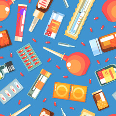 Medicines and Medical Supplies Seamless Pattern, Pharmacy and Medications Design Element Can Be Used for Fabric, Wallpaper, Packaging, Web Page Vector Illustration