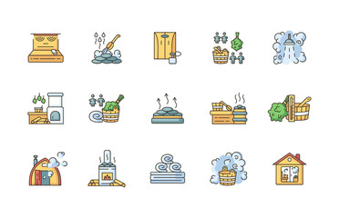 Sauna RGB color icons set. Steam bath relaxation, heat therapy, healthy lifestyle. Different bathhouse types and bathing accessories. Isolated vector illustrations