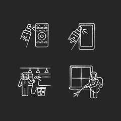 Sterilization chalk white icons set on black background. Public transport and room fumigation, handheld devices cleaning. Disinfection, sanitary service. Isolated vector chalkboard illustrations