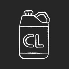 Chlorine disinfectant chalk white icon on black background. Chemical detergent, disinfection supplies. Sanitary equipment. Bottle with cleaning product isolated vector chalkboard illustration