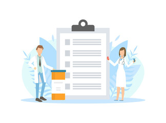 Tiny Pharmacists Doctors Standing Next Huge Clipboard with Prescriptions Vector Illustration