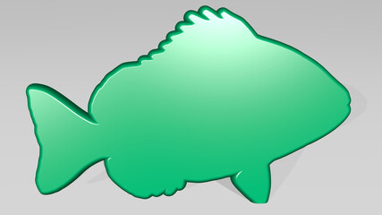 FISH stand with shadow. 3D illustration of metallic sculpture over a white background with mild texture. animal and food