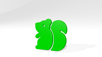 SQUIRREL from a perspective with the shadow. A thick sculpture made of metallic materials of 3D rendering. animal and cute