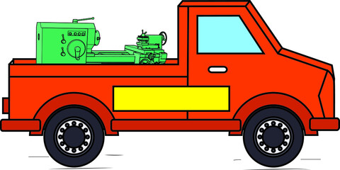 Vehicle pickup van carrying a lathe machine industrial equipment write your own text logo on the blank space empty template