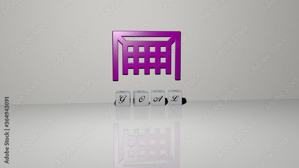 Poster 3d representation of goal with icon on the wall and text arranged by metallic cubic letters on a mir