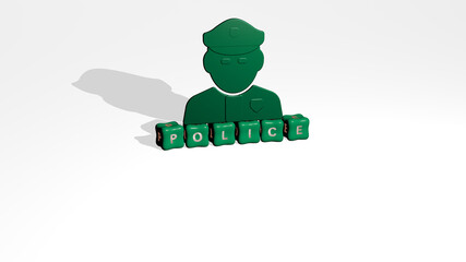 3D representation of POLICE with icon on the wall and text arranged by metallic cubic letters on a mirror floor for concept meaning and slideshow presentation. illustration and editorial