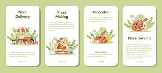 Pizzeria mobile application banner set. Chef cooking tasty delicious