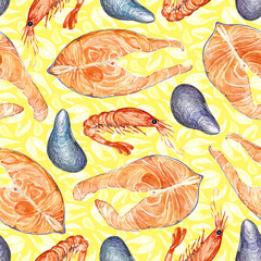Watercolor seamless pattern with seafood, illustration of salmon, shrimps and mussels