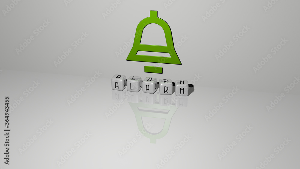 Poster 3d representation of alarm with icon on the wall and text arranged by metallic cubic letters on a mi