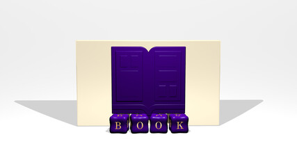 3D graphical image of BOOK vertically along with text built by metallic cubic letters from the top perspective, excellent for the concept presentation and slideshows. illustration and background