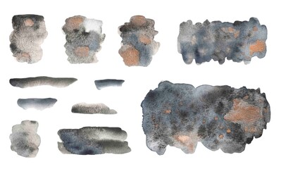 Fototapeta premium Watercolor hand painted textured stains, grey, black and gold colors.