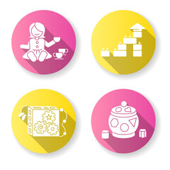 Sensory toys for toddlers flat design long shadow glyph icons set. Baby doll with tea set. Educational toys for children early development. Children amusement. Silhouette RGB color illustration