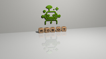 3D illustration of ROBOT graphics and text made by metallic dice letters for the related meanings of the concept and presentations. artificial and background