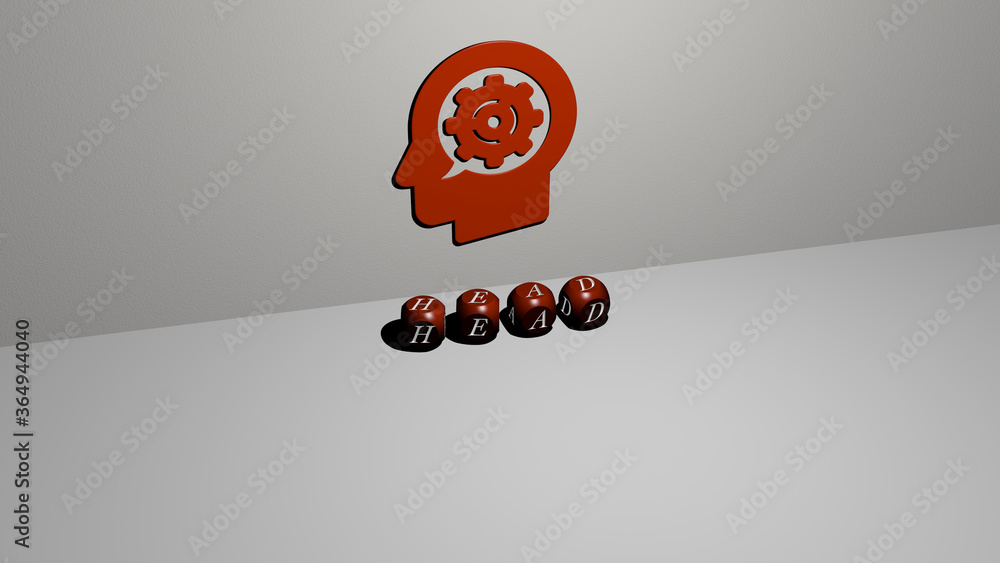 Poster 3d graphical image of head vertically along with text built by metallic cubic letters from the top p