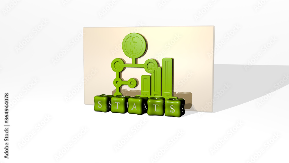 Aufkleber 3d graphical image of stats vertically along with text built by metallic cubic letters from the top 