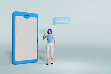 Cartoon character getting an e-mail from her phone. 3d illustration