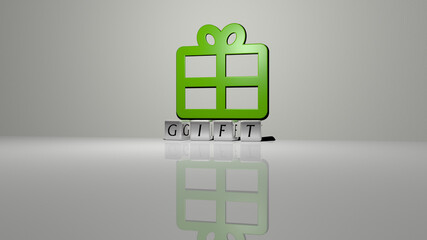 3D illustration of gift graphics and text made by metallic dice letters for the related meanings of the concept and presentations. background and christmas