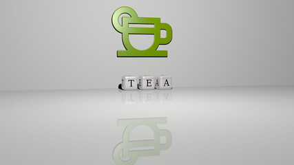 3D illustration of TEA graphics and text made by metallic dice letters for the related meanings of the concept and presentations. background and cup