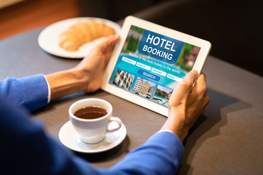 Unrecognizable Man Booking Hotel On Tablet Sitting In Cafe, Collage