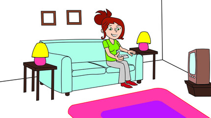 Woman lady girl watching tv television sitting on sofa remote control in hand