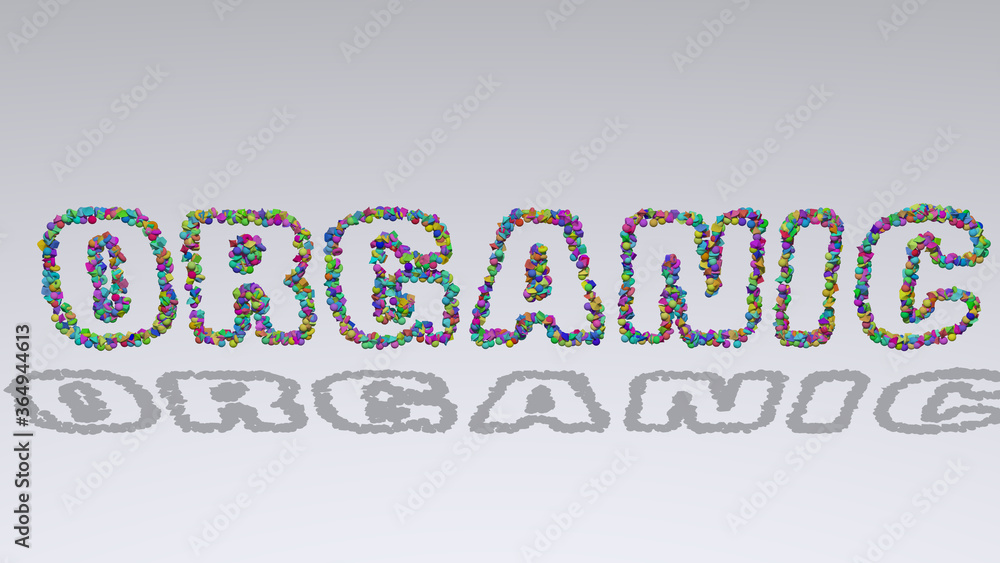 Poster colorful 3d writting of organic text with small objects over a white background and matching shadow.