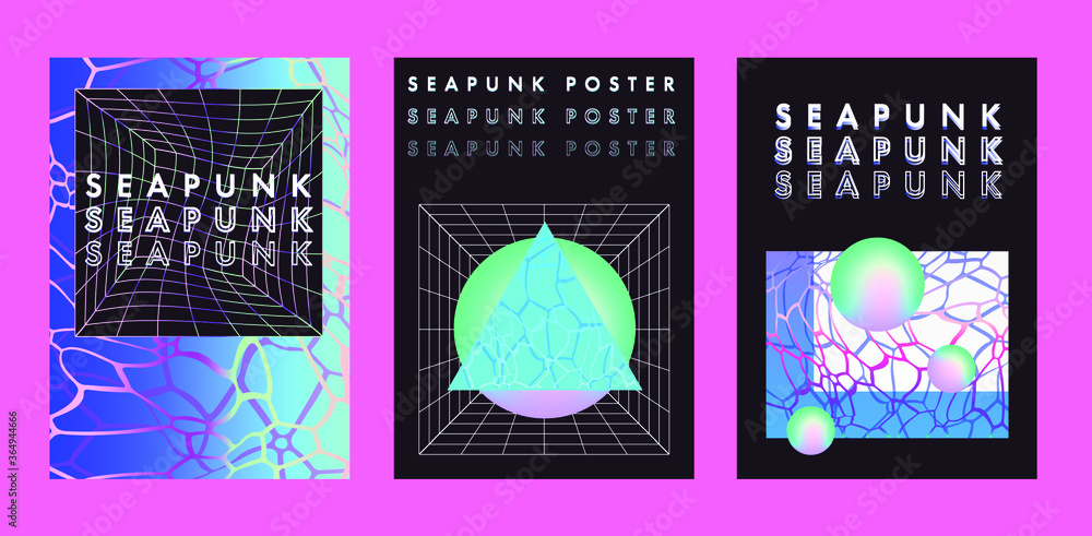 Aufkleber seapunk vaporwave style posters with surreal composition of geometric shapes, laser neon grid and oc