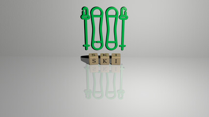 3D representation of ski with icon on the wall and text arranged by metallic cubic letters on a mirror floor for concept meaning and slideshow presentation. resort and winter