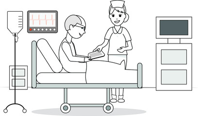 Nurse showing something on a tab Patient sitting on a hospital clinic bed looking at tablet screen