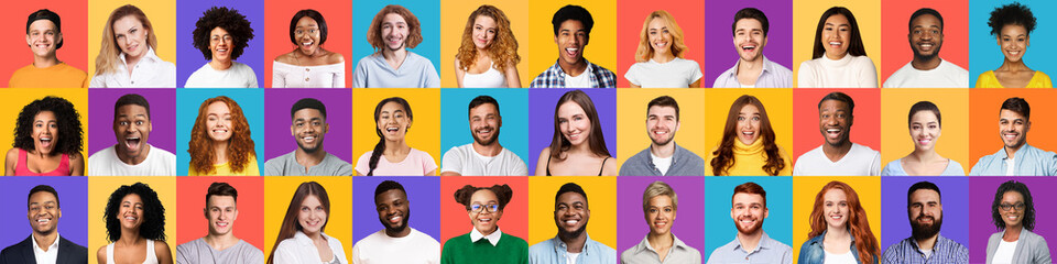 Fototapeta na wymiar Diverse Millennial People's Faces Smiling On Colorful Backgrounds, Collage, Panorama
