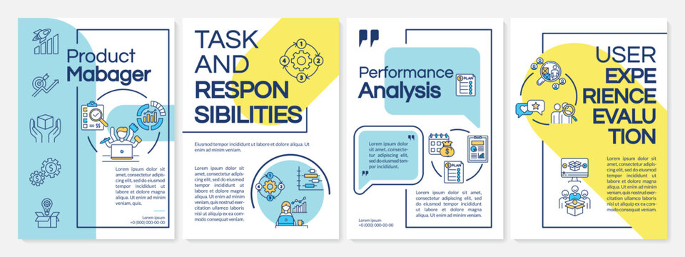 Product coordinator brochure template. Profit and loss statement. Flyer, booklet, leaflet print, cover design with linear icons. Vector layouts for magazines, annual reports, advertising posters