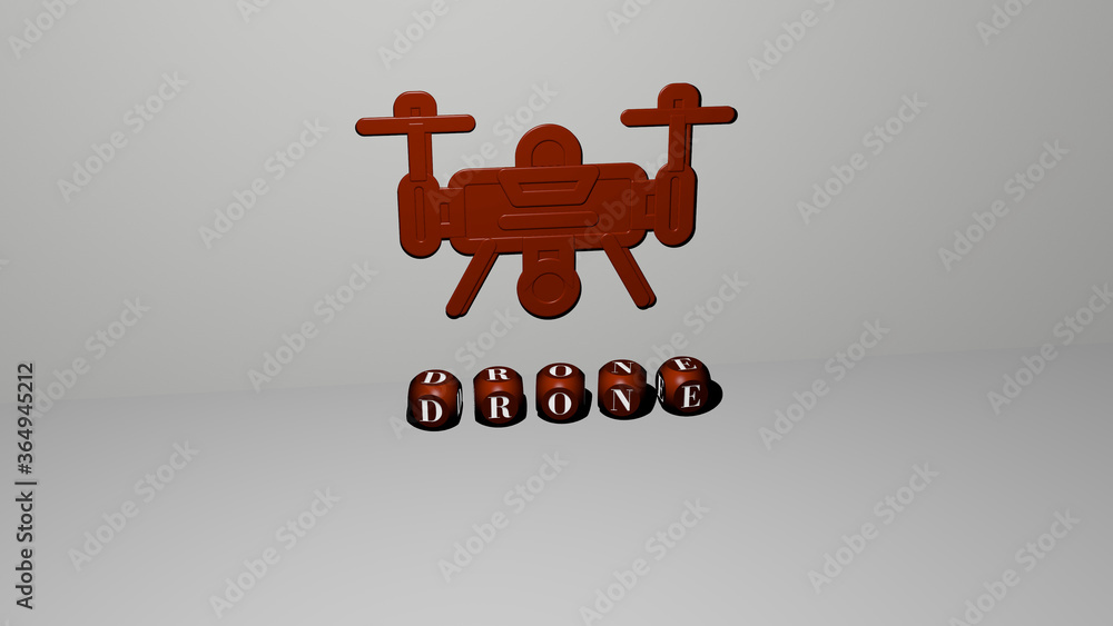 Poster 3d illustration of drone graphics and text made by metallic dice letters for the related meanings of