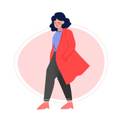 Attractive Plus Size Woman in Trench Coat, Pants and Blouse, Beautiful Curvy, Overweight Girl in Fashionable Clothes, Body Positive Concept Vector Illustration