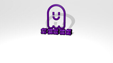 3D representation of GHOST with icon on the wall and text arranged by metallic cubic letters on a mirror floor for concept meaning and slideshow presentation. halloween and illustration