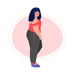 Smiling Brunette Plus Size Woman, Curvy, Cheerful Overweight Girl in Fashionable Clothes, Body Positive Concept Vector Illustration