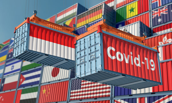 Container with Coronavirus Covid-19 text on the side and container with Indonesia Flag. Concept of international trade spreading the Corona virus. 3D Rendering © Marius Faust