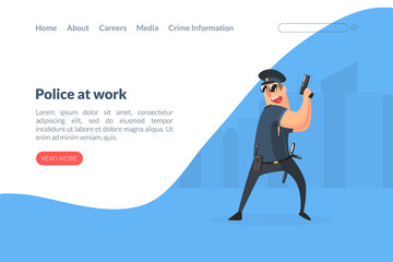 Police at Work Landing Page Template, Policeman Character Standing with Gun Vector Illustration