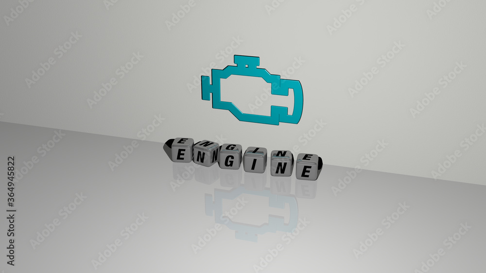 Poster 3D representation of ENGINE with icon on the wall and text arranged by metallic cubic letters on a mirror floor for concept meaning and slideshow presentation. illustration and car
