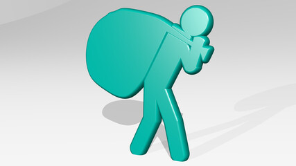 THIEF stand with shadow. 3D illustration of metallic sculpture over a white background with mild texture. criminal and crime